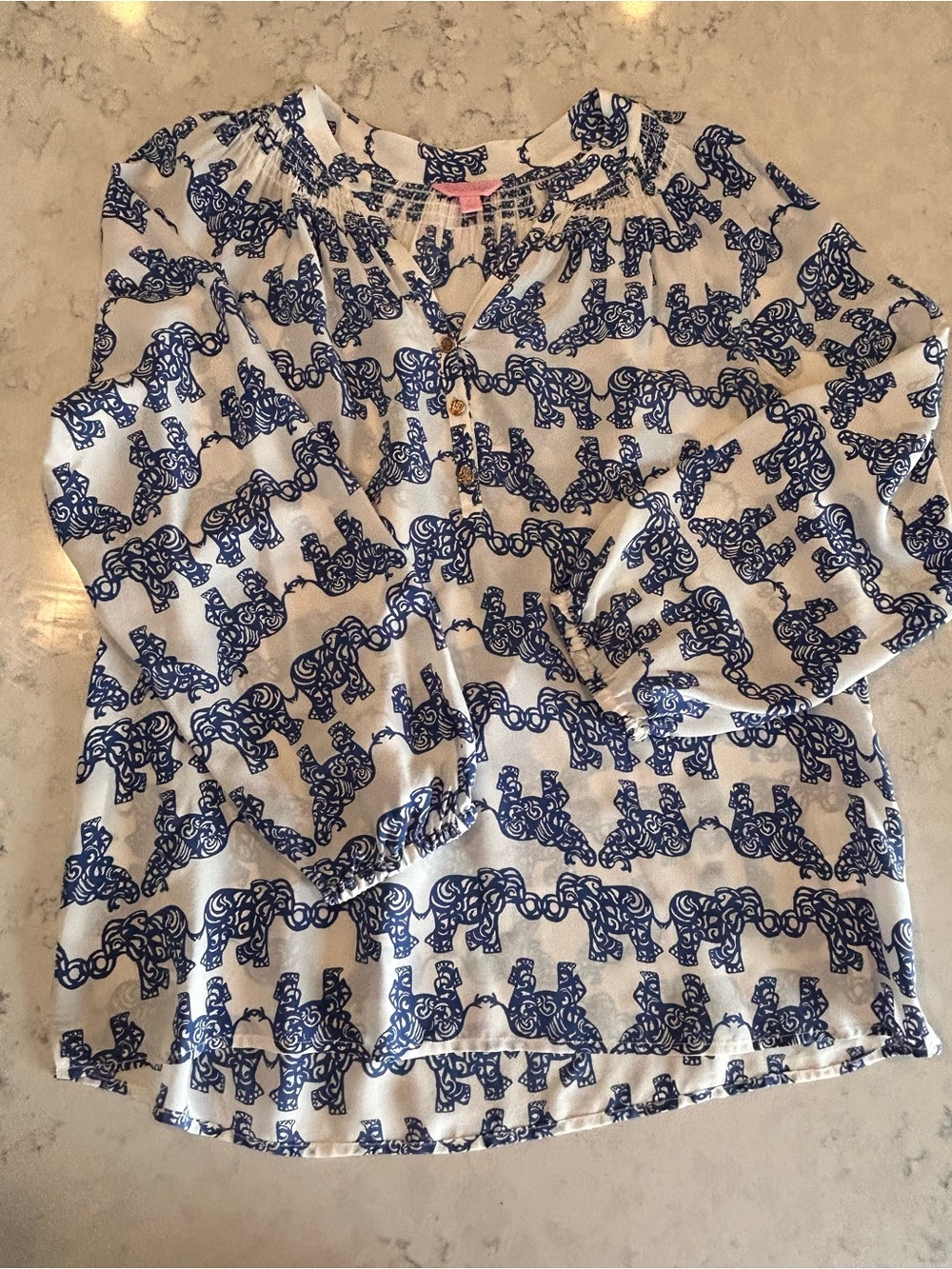 Lilly Pulitzer White Top with Navy Elephant Print